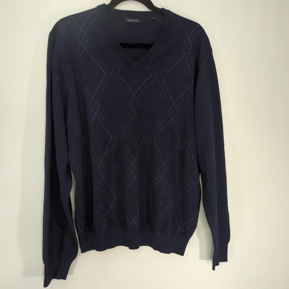 Van Heusen Mens 100% Cotton Knit Pullover Sweater Navy Blue‎ Argyle L - Picture 1 of 7